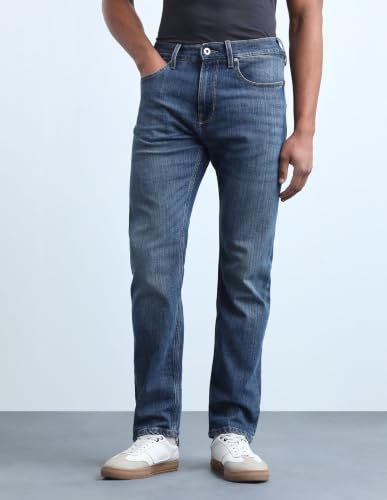 Flying Machine Blue Solid Cotton Blend Straight Fit Men's Jeans