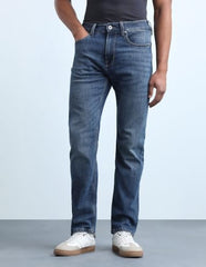 Flying Machine Blue Solid Cotton Blend Straight Fit Men's Jeans