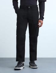 Flying Machine Black Solid Twill Tapered Fit Men's Cargos