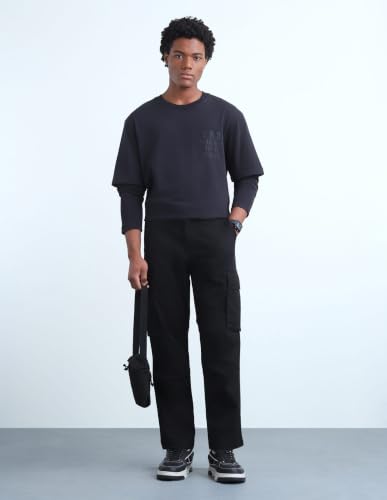 Flying Machine Black Solid Twill Tapered Fit Men's Cargos
