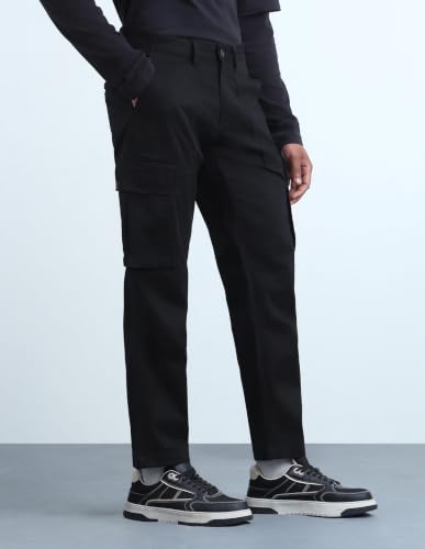 Flying Machine Black Solid Twill Tapered Fit Men's Cargos