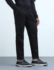 Flying Machine Black Solid Twill Tapered Fit Men's Cargos