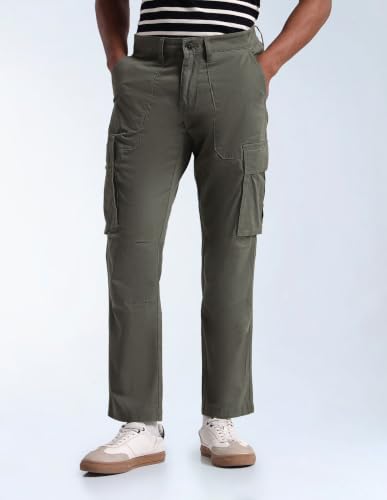 Flying Machine Army Green Solid Twill Relaxed Fit Men's Cargos