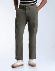 Flying Machine Army Green Solid Twill Relaxed Fit Men's Cargos
