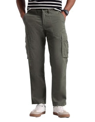 Flying Machine Army Green Solid Twill Relaxed Fit Men's Cargos