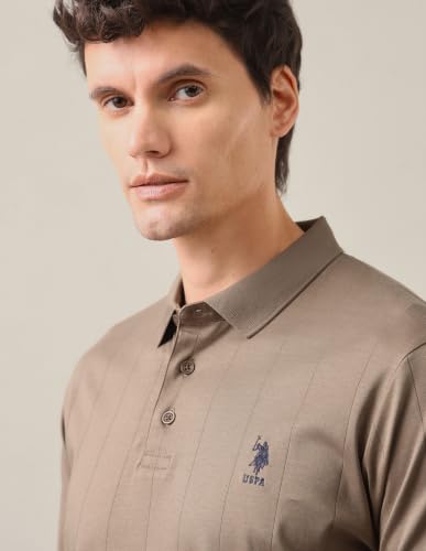 U.S. POLO ASSN. Light Brown Striped Slim Fit Men's Polo Shirt