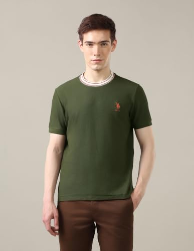 U.S. POLO ASSN. Olive Green Solid Cotton Blend Crew Neck Men's T-Shirt