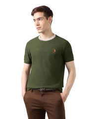 U.S. POLO ASSN. Olive Green Solid Cotton Blend Crew Neck Men's T-Shirt