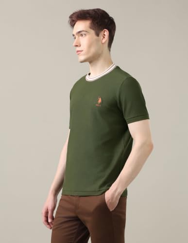 U.S. POLO ASSN. Olive Green Solid Cotton Blend Crew Neck Men's T-Shirt