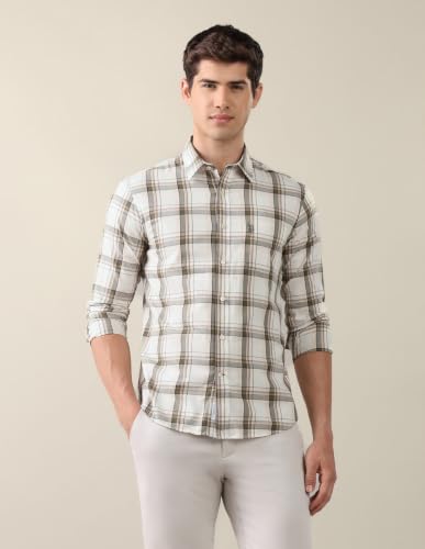 U.S. POLO ASSN. Olive Green Cotton Twill Grid Tattersall Tailored Fit Men's Shirt