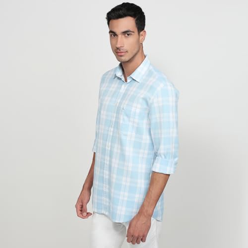 Parx Men Slim Fit Checks Pattern Pure Cotton Semicutaway Collar Full Sleeve Casual Shirt Blue