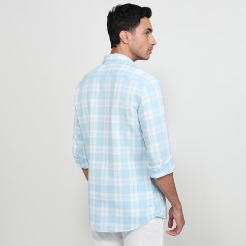 Parx Men Slim Fit Checks Pattern Pure Cotton Semicutaway Collar Full Sleeve Casual Shirt Blue