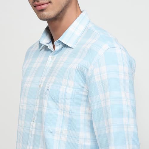 Parx Men Slim Fit Checks Pattern Pure Cotton Semicutaway Collar Full Sleeve Casual Shirt Blue