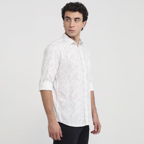 Parx Men Slim Fit Print Pattern Cotton Blend Semicutaway Collar Full Sleeve Round Hem Casual Shirt White