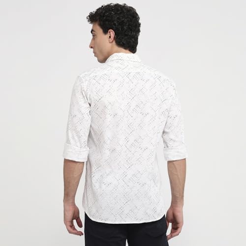 Parx Men Slim Fit Print Pattern Cotton Blend Semicutaway Collar Full Sleeve Round Hem Casual Shirt White