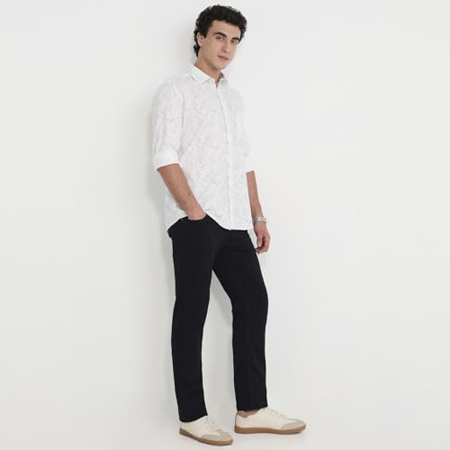 Parx Men Slim Fit Print Pattern Cotton Blend Semicutaway Collar Full Sleeve Round Hem Casual Shirt White