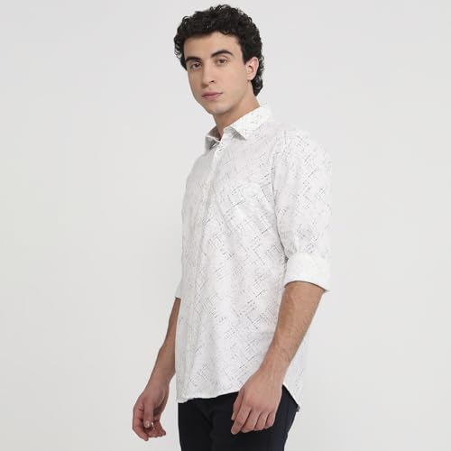 Parx Men Slim Fit Print Pattern Cotton Blend Semicutaway Collar Full Sleeve Round Hem Casual Shirt White