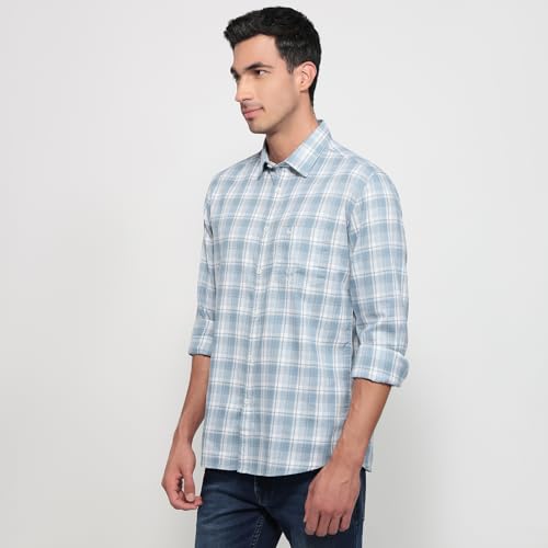 Parx Men Slim Fit Checks Pattern Pure Cotton Semicutaway Collar Full Sleeve Round Hem Casual Shirt Medium Blue
