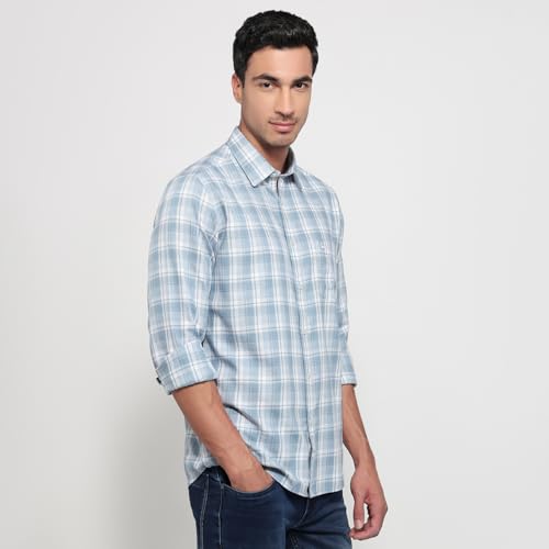 Parx Men Slim Fit Checks Pattern Pure Cotton Semicutaway Collar Full Sleeve Round Hem Casual Shirt Medium Blue