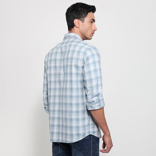 Parx Men Slim Fit Checks Pattern Pure Cotton Semicutaway Collar Full Sleeve Round Hem Casual Shirt Medium Blue