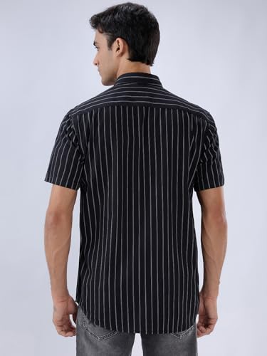 Parx Men Slim Fit Stripe Pattern Cotton Blend Semicutaway Collar Half Sleeve Casual Shirt Black