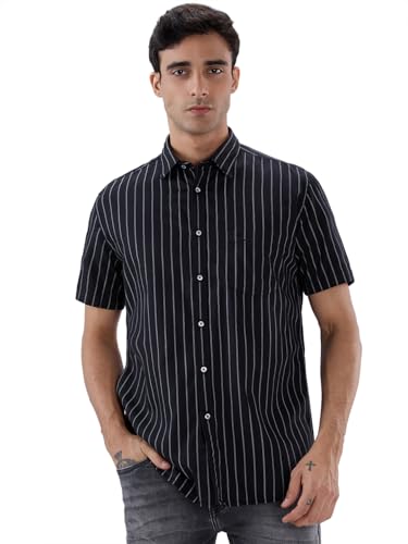 Parx Men Slim Fit Stripe Pattern Cotton Blend Semicutaway Collar Half Sleeve Casual Shirt Black