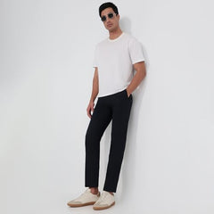 Parx Men Low Rise Tapered Fit Solid Pattern Cotton Blend Flat Front Casual Trouser Dark Blue