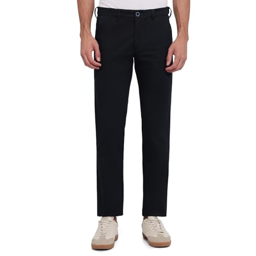 Parx Men Low Rise Tapered Fit Solid Pattern Cotton Blend Flat Front Casual Trouser Dark Blue