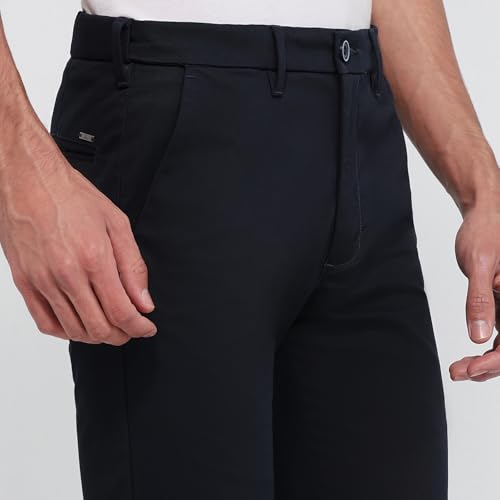 Parx Men Low Rise Tapered Fit Solid Pattern Cotton Blend Flat Front Casual Trouser Dark Blue