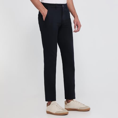 Parx Men Low Rise Tapered Fit Solid Pattern Cotton Blend Flat Front Casual Trouser Dark Blue