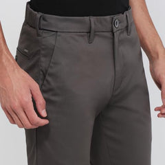 Parx Men Low Rise Tapered Fit Solid Pattern Cotton Blend Flat Front Casual Trouser Dark Grey
