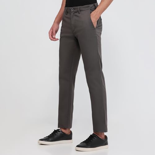 Parx Men Low Rise Tapered Fit Solid Pattern Cotton Blend Flat Front Casual Trouser Dark Grey