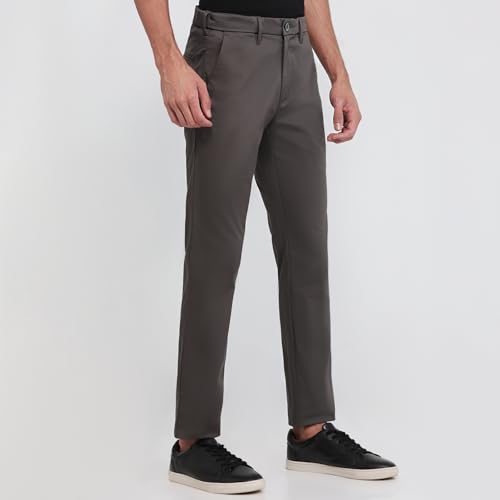 Parx Men Low Rise Tapered Fit Solid Pattern Cotton Blend Flat Front Casual Trouser Dark Grey