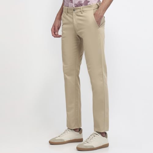 Parx men's low rise tapered fit casual trousers in solid cotton blend fabric, flat front design, casual men's lower wear