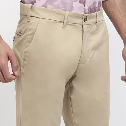 Parx men's low rise tapered fit casual trousers in solid pattern cotton blend with flat front, suitable for relaxed, everyday wear.