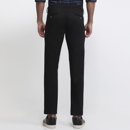 Parx Men Low Rise Tapered Fit Solid Pattern Cotton Blend Flat Front Casual Trouser Black