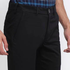 Parx Men Low Rise Tapered Fit Solid Pattern Cotton Blend Flat Front Casual Trouser Black