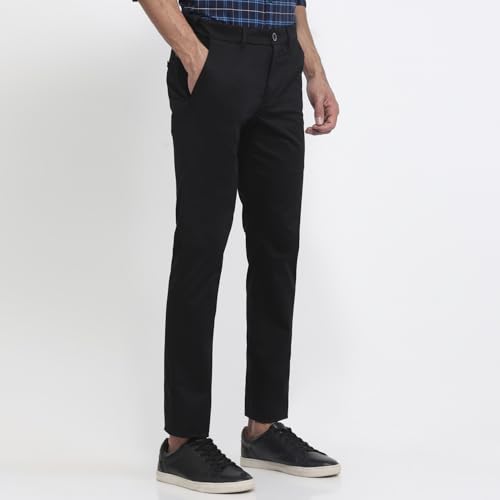 Parx Men Low Rise Tapered Fit Solid Pattern Cotton Blend Flat Front Casual Trouser Black