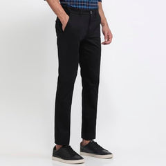 Parx Men Low Rise Tapered Fit Solid Pattern Cotton Blend Flat Front Casual Trouser Black
