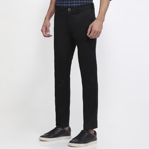 Parx Men Low Rise Tapered Fit Solid Pattern Cotton Blend Flat Front Casual Trouser Black