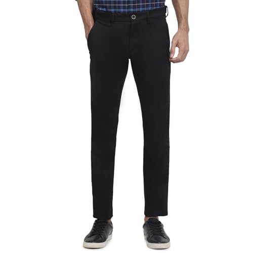 Parx Men Low Rise Tapered Fit Solid Pattern Cotton Blend Flat Front Casual Trouser Black