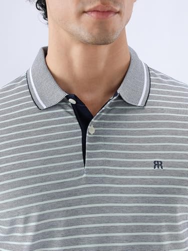 Raymond Men Regular Fit Stripe Pattern Pure Cotton Polo Neck Half Sleeve Straight Hem Casual T-Shirt Medium Blue