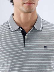 Raymond Men Regular Fit Stripe Pattern Pure Cotton Polo Neck Half Sleeve Straight Hem Casual T-Shirt Medium Blue