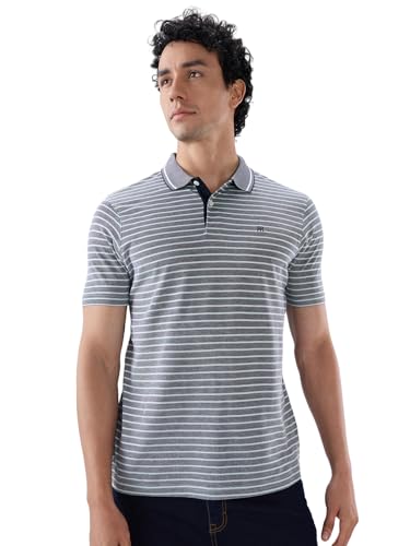 Raymond Men Regular Fit Stripe Pattern Pure Cotton Polo Neck Half Sleeve Straight Hem Casual T-Shirt Medium Blue