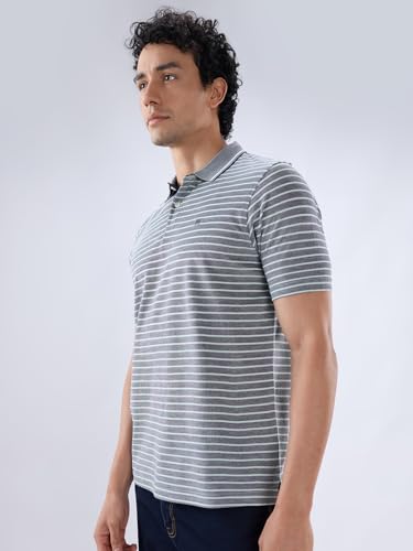 Raymond Men Regular Fit Stripe Pattern Pure Cotton Polo Neck Half Sleeve Straight Hem Casual T-Shirt Medium Blue
