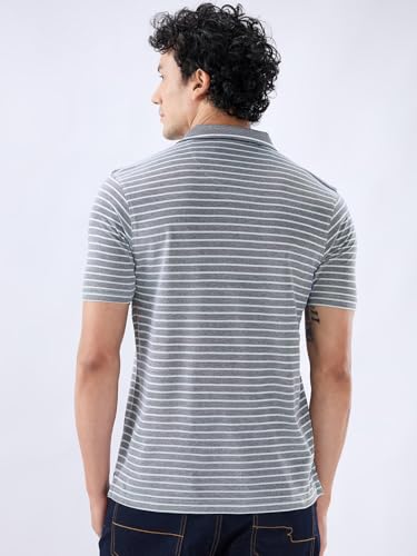 Raymond Men Regular Fit Stripe Pattern Pure Cotton Polo Neck Half Sleeve Straight Hem Casual T-Shirt Medium Blue