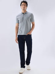 Raymond Men Regular Fit Stripe Pattern Pure Cotton Polo Neck Half Sleeve Straight Hem Casual T-Shirt Medium Blue