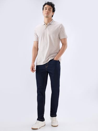 Raymond Men Regular Fit Stripe Pattern Pure Cotton Polo Neck Half Sleeve Straight Hem Casual T-Shirt Medium Fawn