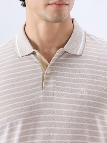 Raymond Men Regular Fit Stripe Pattern Pure Cotton Polo Neck Half Sleeve Straight Hem Casual T-Shirt Medium Fawn