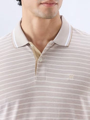 Raymond Men Regular Fit Stripe Pattern Pure Cotton Polo Neck Half Sleeve Straight Hem Casual T-Shirt Medium Fawn